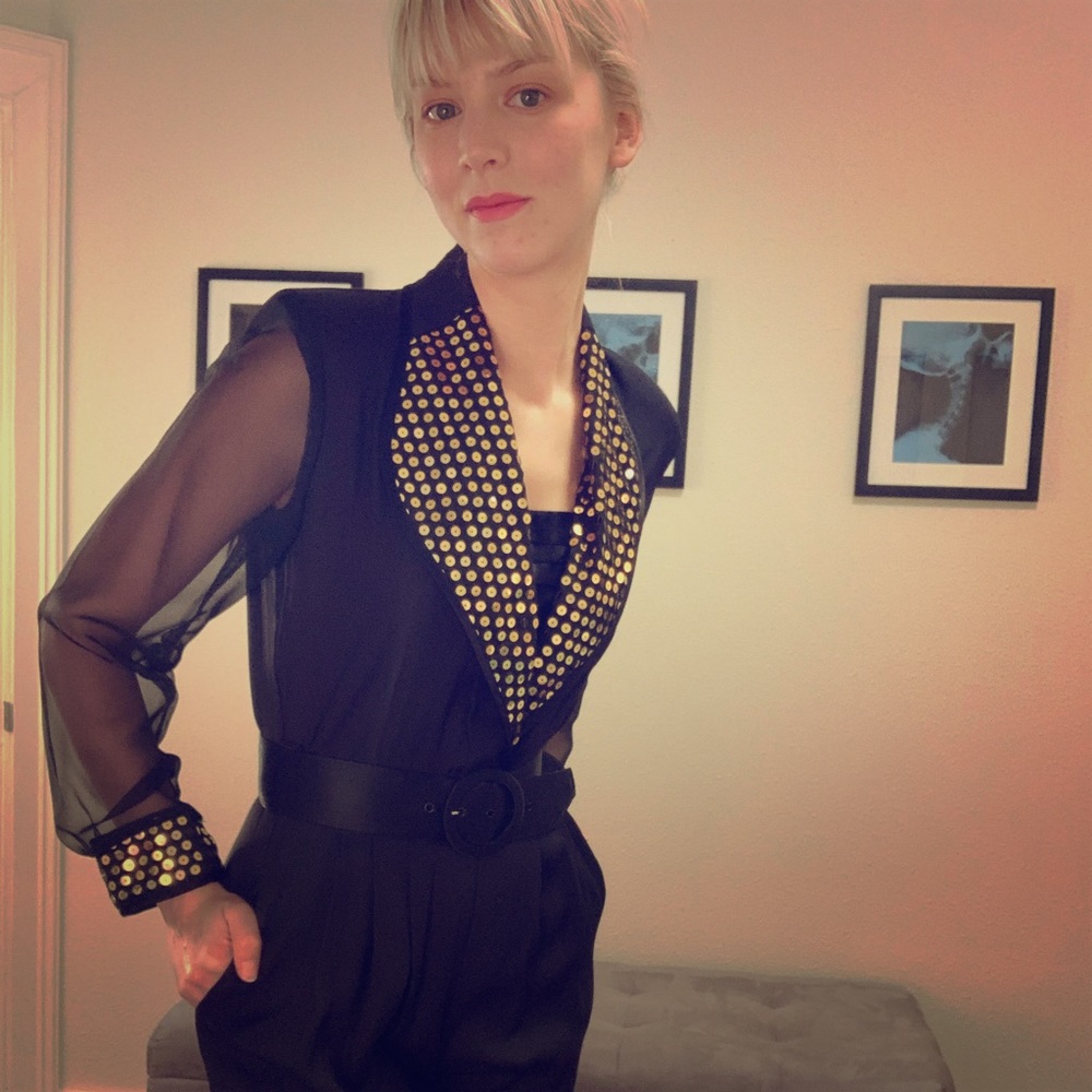 Vintage jumpsuit 1980s black with gold sequins